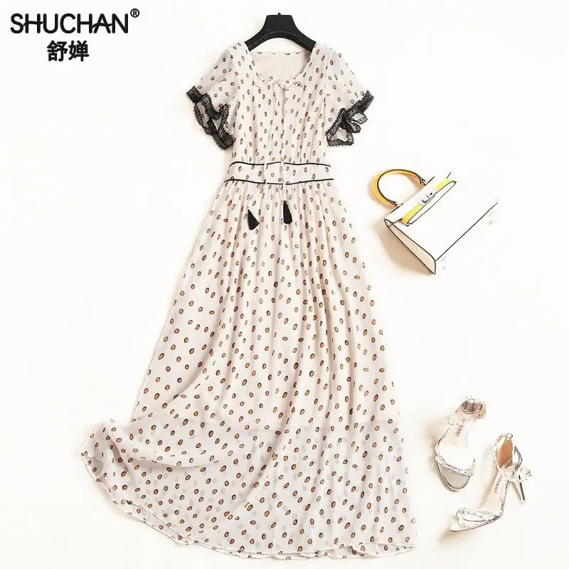 

Shuchan Long Dress Polka Dot Chiffon Patchwork Prairie Chic Ankle-length Slim Fit Dresses Woman New 2019 Clothes 10970