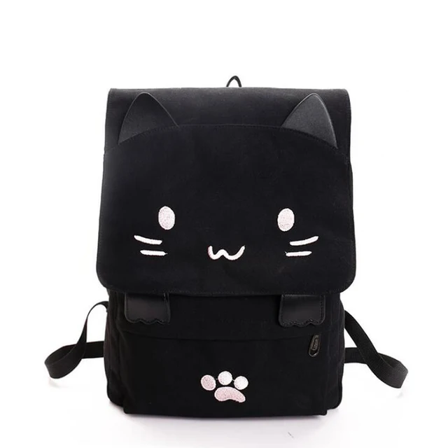 Kawaii Black Kitty Canvas Backpack 1