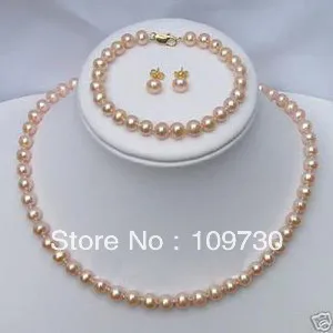 

free shipping 7- 8MM pink freshwater cultured pearl necklace bracelet earring set