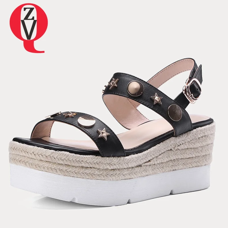 

ZVQ Punk goth girl leather woman sandals summer beige black Star round rivets fashion party 6.5 cm high heels Wedges shoes
