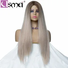 USMEI длинный смешанный серый прямой парик для женщин синтетический парик для косплея ombre 130% плотность высокая температура волокна поддельные волосы два тона