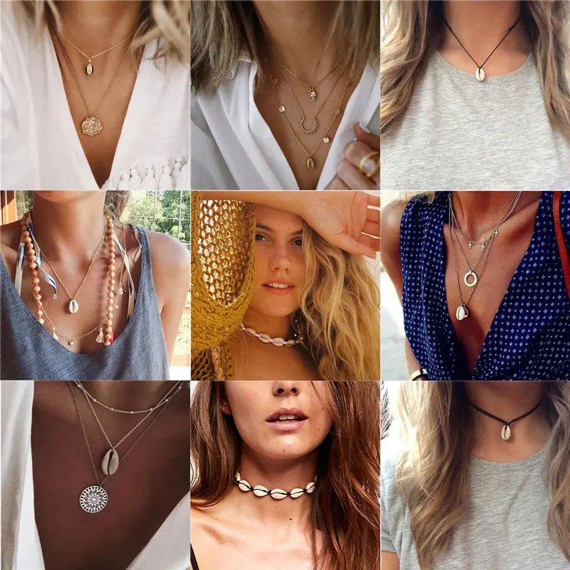 

LETAPI Bohemian Multi layer Shell Pendant Necklaces For Women Fashion Golden Geometric Charm Beach Summer Necklace Jewelry