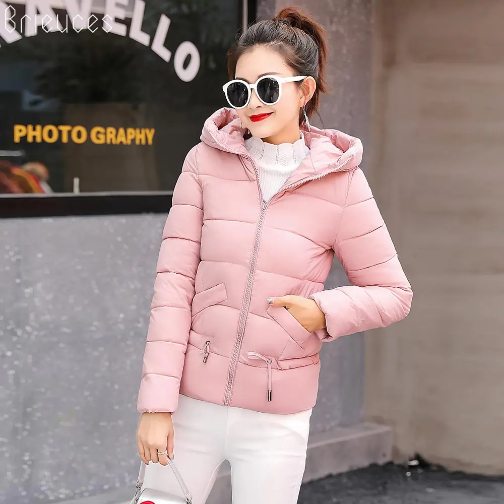 Brieuces 2019 Winter Jacket Women Coat Warm Parkas Short Hooded Cotton-padded Coats Solid Color Basic Wadded Jacket Female