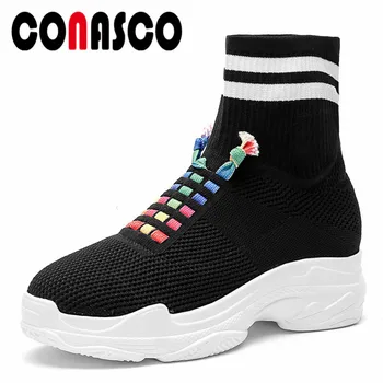 

CONASCO New Fashion Socks Boots Platforms Slip On Stretch Shoes Party Club Boots Ladies Sexy Breathable Casual Sport Shoes Woman