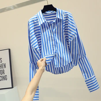 

New Spring Fashion Blue Vertical Striped Shirts for Women Loose Turn Down Collar Long Sleeve Blouses Elegant Female Tops