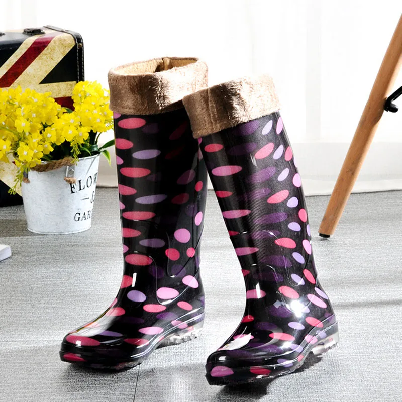 Aleafalling/модные резиновые сапоги из ПВХ с цветочным принтом; теплая женская обувь до середины икры; водонепроницаемая обувь в байкерском стиле; резиновая обувь; W193