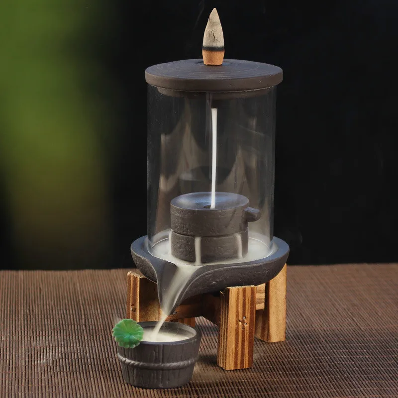 

Backflow Incense Burner With Acrylic Protective Cover Ceramic Smoke Waterfall Incense Aromatic Holder + 10Pcs Free Incense Cones