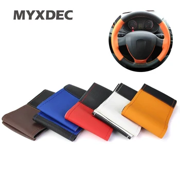 

Double Colors DIY Leather Sport Car Steering Wheel Cover Auto Car Stitch On Wrap Cover WIth Needles and Thread For Diameter 38cm