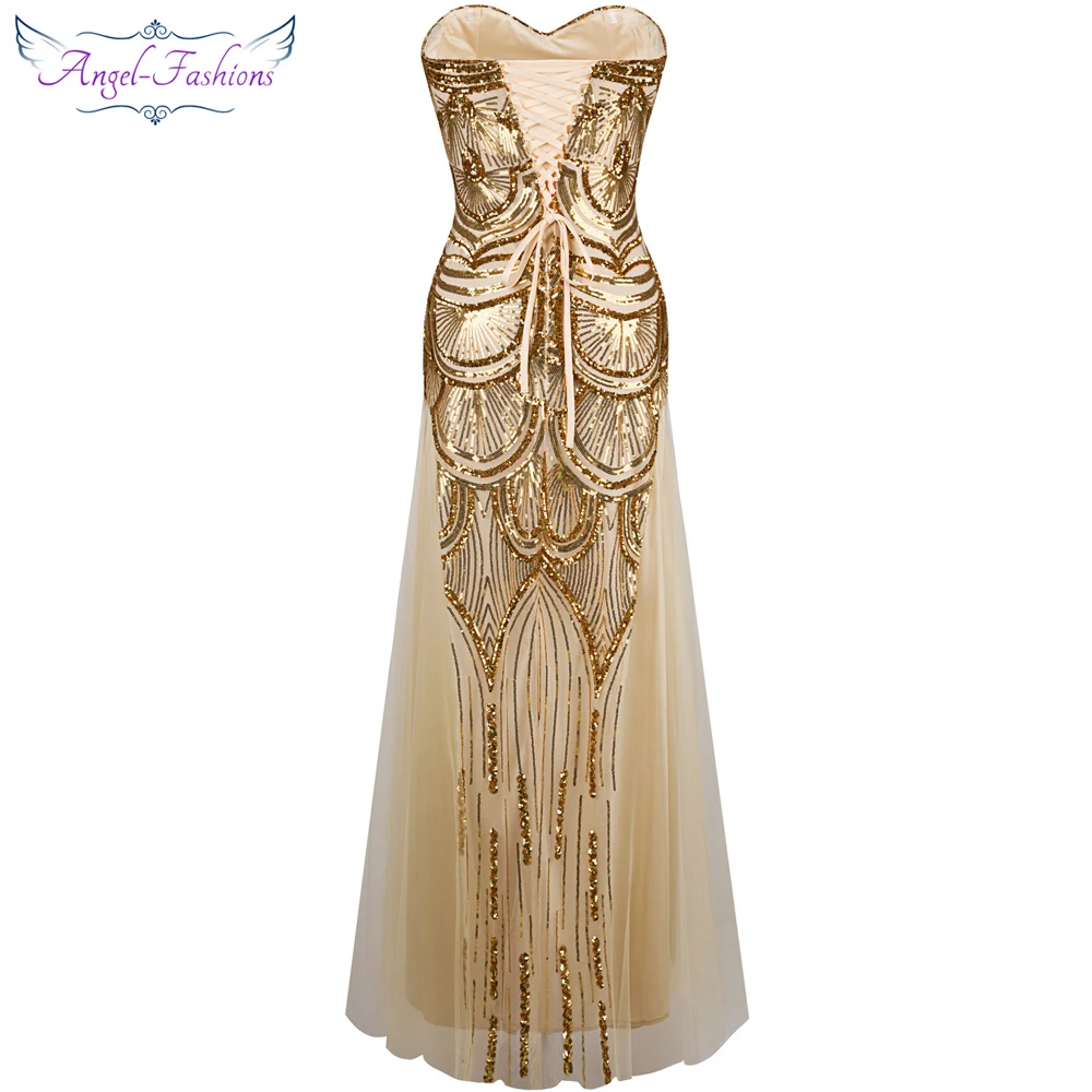Женское вечернее платье без бретелек Angel fashions длинное фатиновое трапеция с
