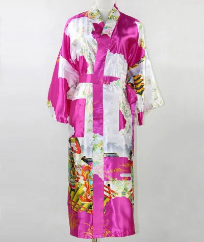 Золото Для женщин шелк длинное кимоно юката с поясом с принтом Robe платье сексуальное женское белье Ночное цветок плюс Размеры S-XXXL NR028 - Цвет: Hot Pink