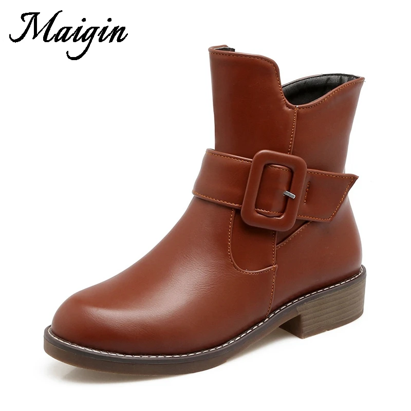 Maigin Low Heeled Women Ankle Boots Roudn Toe Comfy Leather Footwear Woman 2018 New Big Size 34-43 Warm Winter Female Boots
