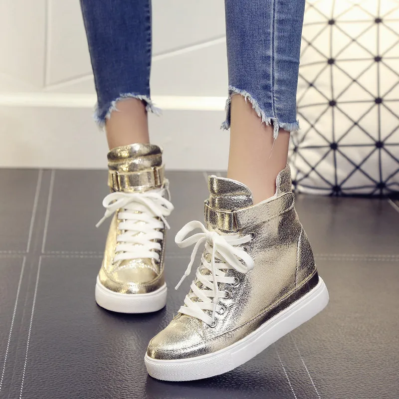 Women Ankle Boots Spring Autumn New High-top Sneakers Women's Shoes Korean Casual Height Increasing Women Platform Shoes Gold (4)