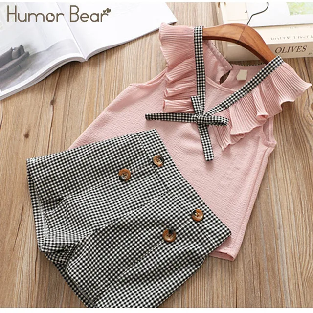 Humor bear/Одежда для маленьких девочек г. Новые модные комплекты одежды для девочек детская одежда Милая футболка с бантом для маленьких девочек+ штаны, летний комплект