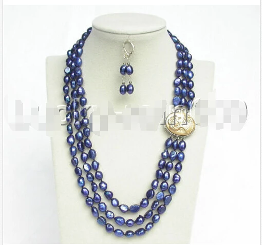 

shippingGenuine 20" 3row 12mm baroque navy blue pearls necklace dangle Earring e1537