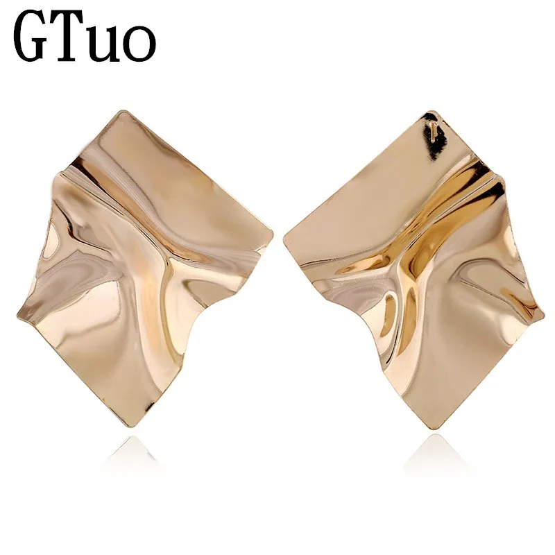 Простые геометрические Золотой неровный складные гладкие серьги для женщин, большие преувеличенные массивные металлические серьги-гвоздики, модное ювелирное изделие, подарок
