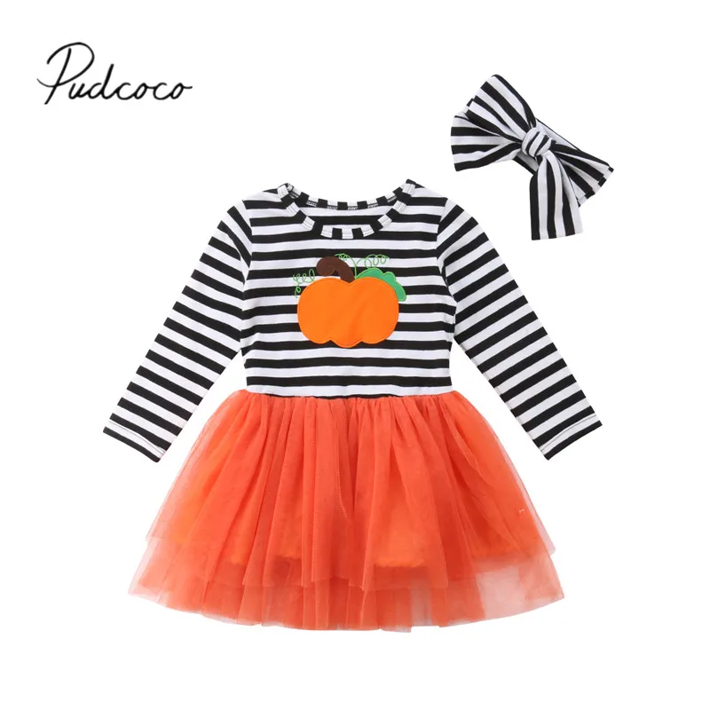 

2018 Brand New Halloween Party 1-6Y Pretty Toddler Baby Girls Pumpkin Dress Cartoon Striped Lace Chiffon Tutu Dress+Headband