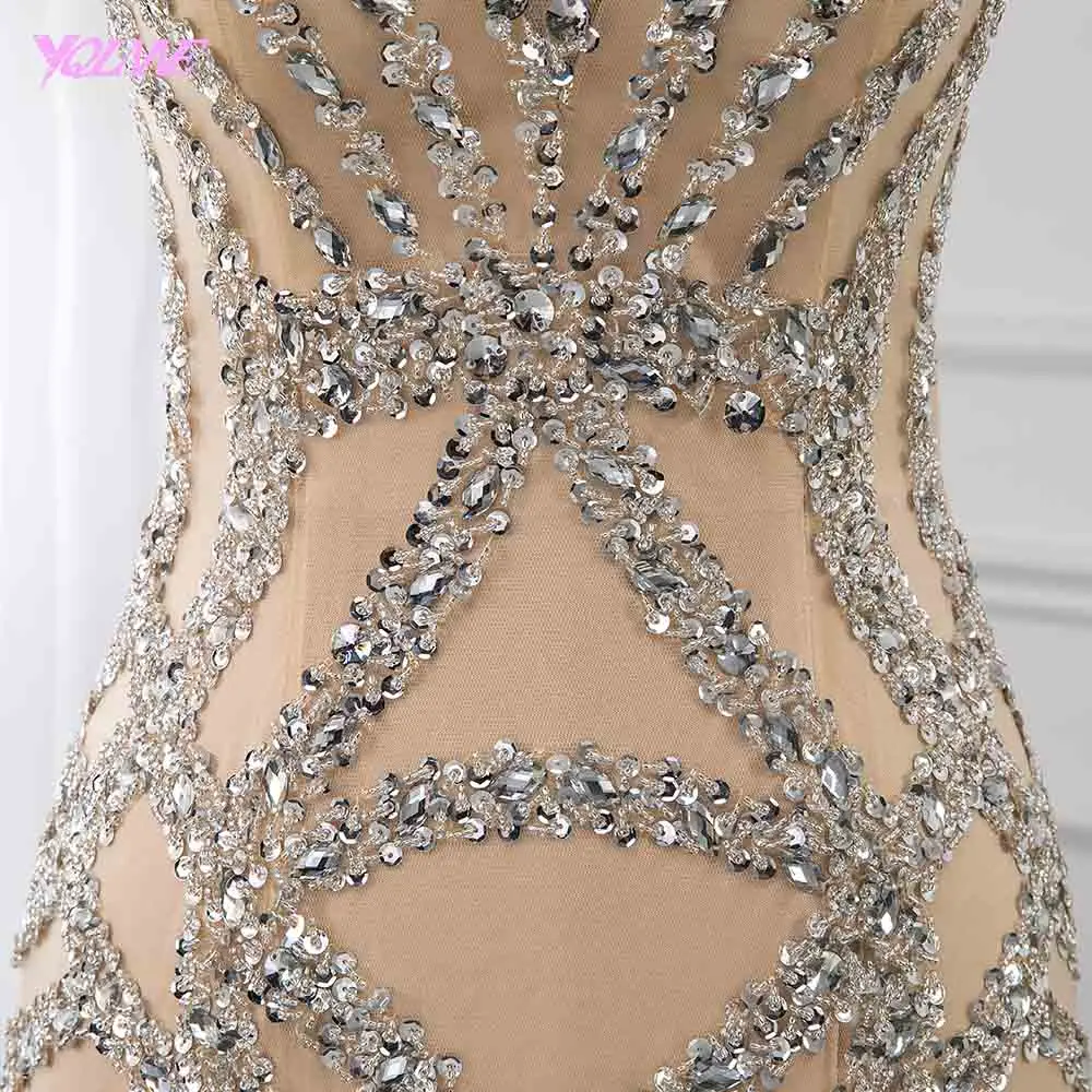 Sexy Champagne Crystal Evening Dress Long Sleeve Formal Gown Mermaid Slit Center YQLNNE Sexy Champagne Crystal Evening Dress Long Sleeve Formal Gown Mermaid Slit Center YQLNNE