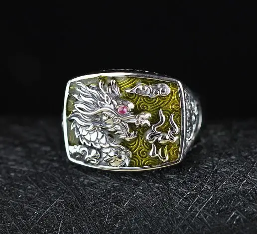 

100% 925 solid Pure Silver Dragon Rings For Men And Women Cz Stone Setting Vintage Hollow Design Enameling Process