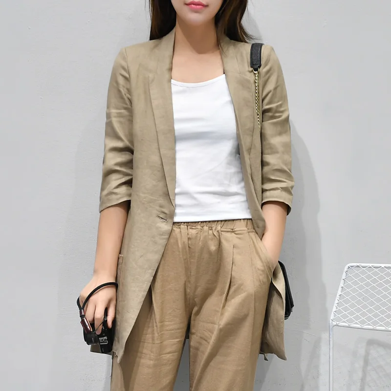 

Spring and autumn new casual cotton and linen small suit female long section seven-point sleeve temperament Korean linen coat
