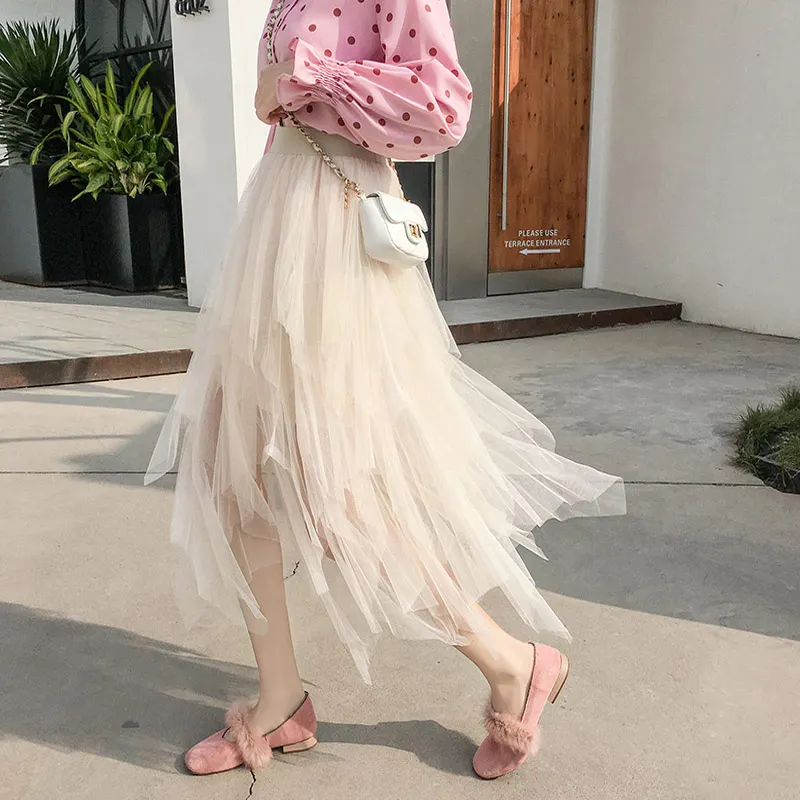 

Summer Mesh Skirt Woman Casual Elastic Waist Irregular Ball Gown Skirts Spring