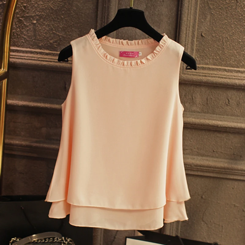 2019 Summer New Fashion Double layer Women Chiffon blouse Ruffled collar blouses Loose sleeveless Chiffon shirts Female tank