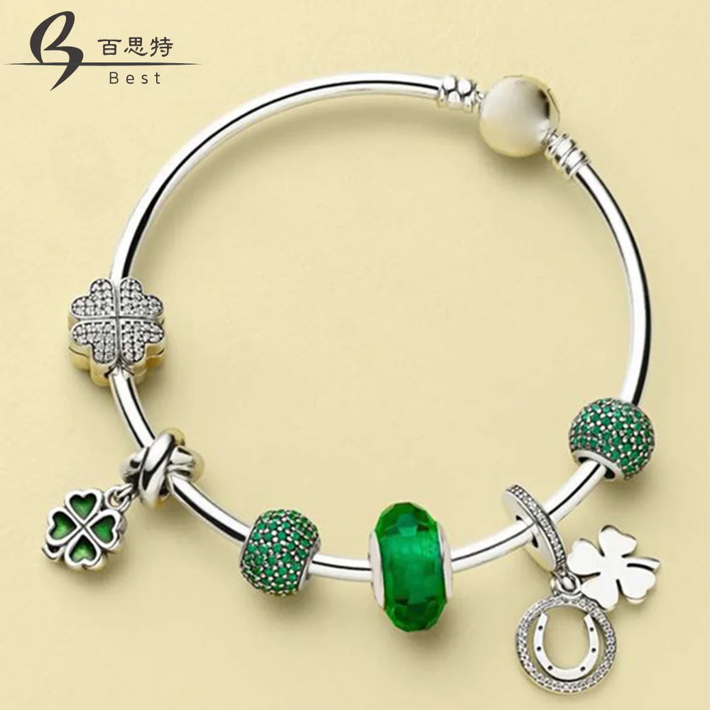 

BEST 100% 925 Sterling Silver 1:1 Green Pave Ball PETALSCLIP GOOD LUCK HANGING CHARM Four-leaf Clover Bangle SET Free Shipping