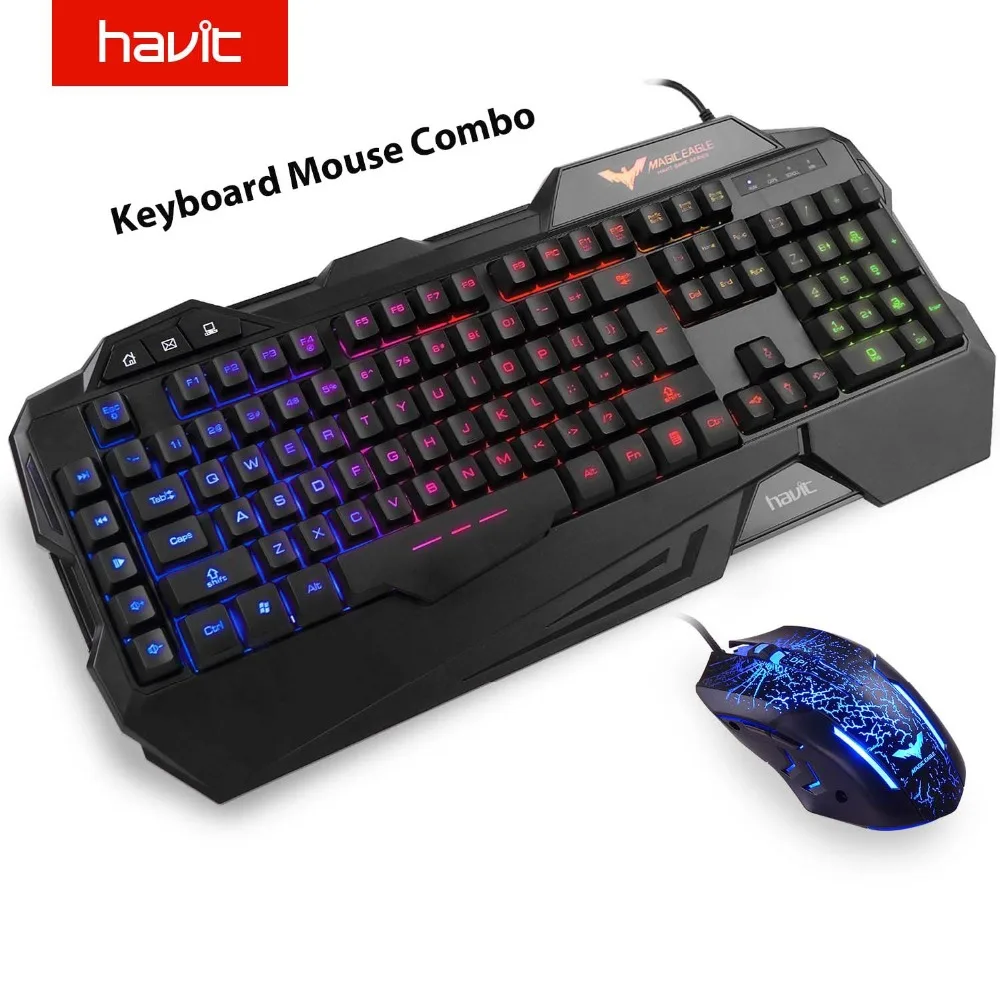 Цена HAVIT игровая клавиатура мышь комбо с подсветкой светодиодный 19 анти ореоловых клавиш игровая клавиатура мышь с 7 цветным светильник 4 регулир...