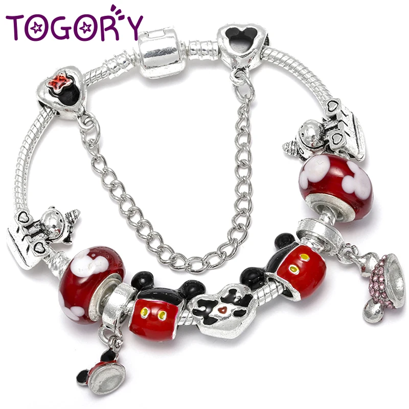 

TOGORY Silver Charm Bracelet & Bangles for Women Fashion Cute Mickey Minnie Jewelry Fit Original Fine Bracelets Pulseira