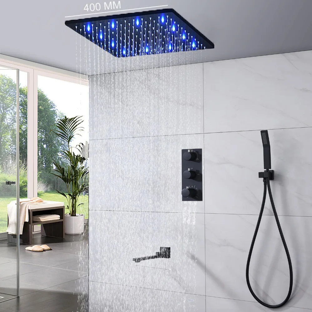 

Black Shower 16 Inch LED Thermostatic Faucets Shower Set Rainfall Ceiling Square Bath Panel / Modern Bathroom Shower