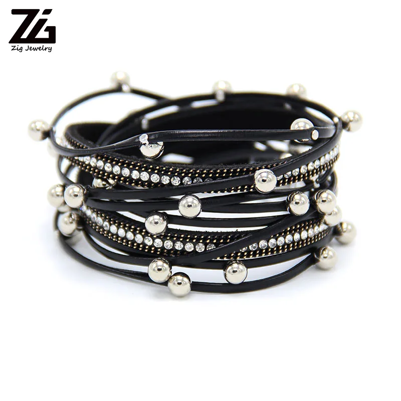 ZG Multilayer Leather Bracelets for Women Femme Crystal Metal Beads Charm Bohemian Style Bracelet Female Jewelry