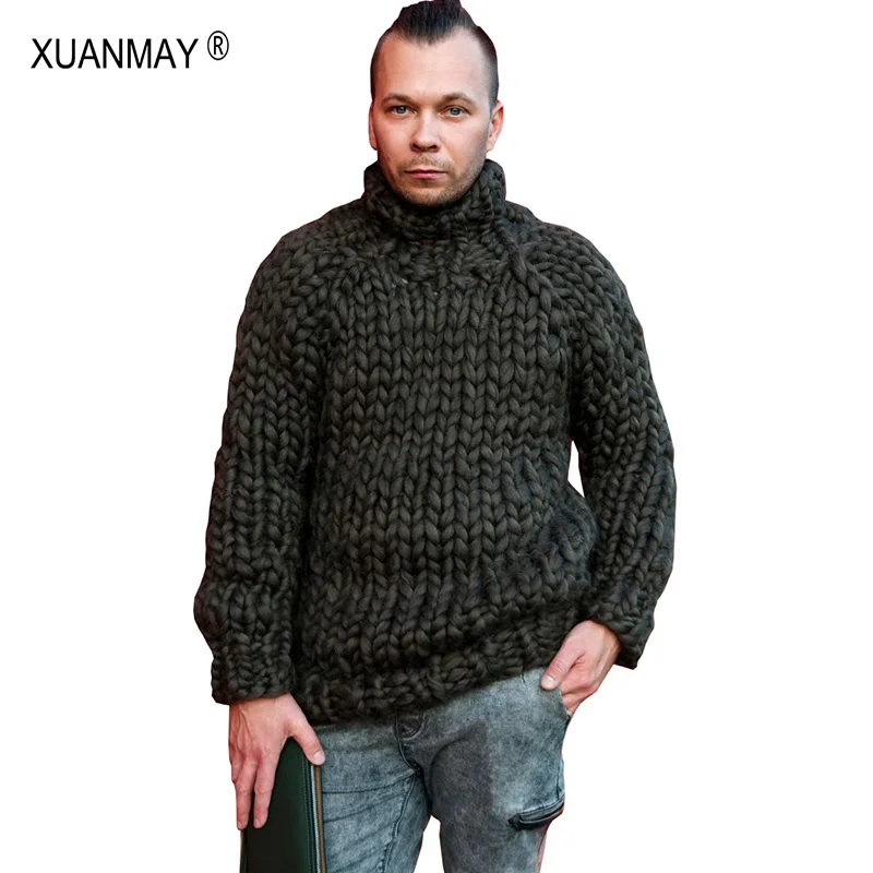 

2019 Spring Super chunky Men's Sweater Loose Casual Black Pullover Sweater coat Thick warm Hand-knitted Cool men's Sweater