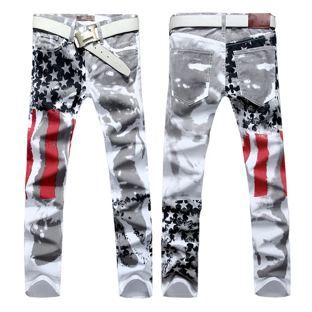 hot sale free shipping slim fit men jeans pants us flag printed size 36 pants in us