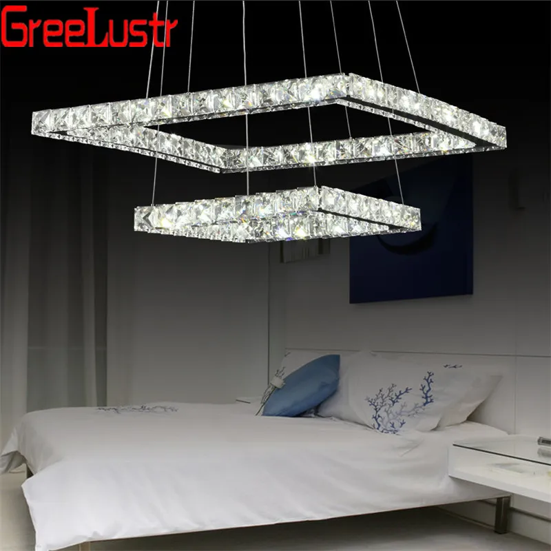 

K9 Crystal Led Pendant Lights Square 2 rings Stainless Steel Mirror Suspension Luminaire Hanglamp For Dinning Room Living room