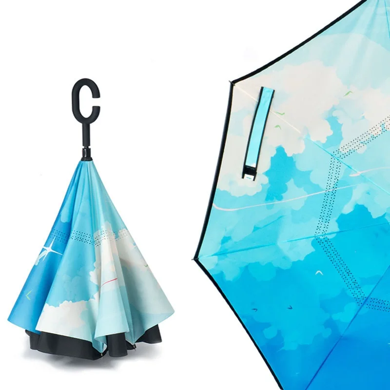 

1PCS City Sky Reverse Double Layer Inverted Umbrella Self Stand Rain Protection Long Hands Folding For Car Fishing