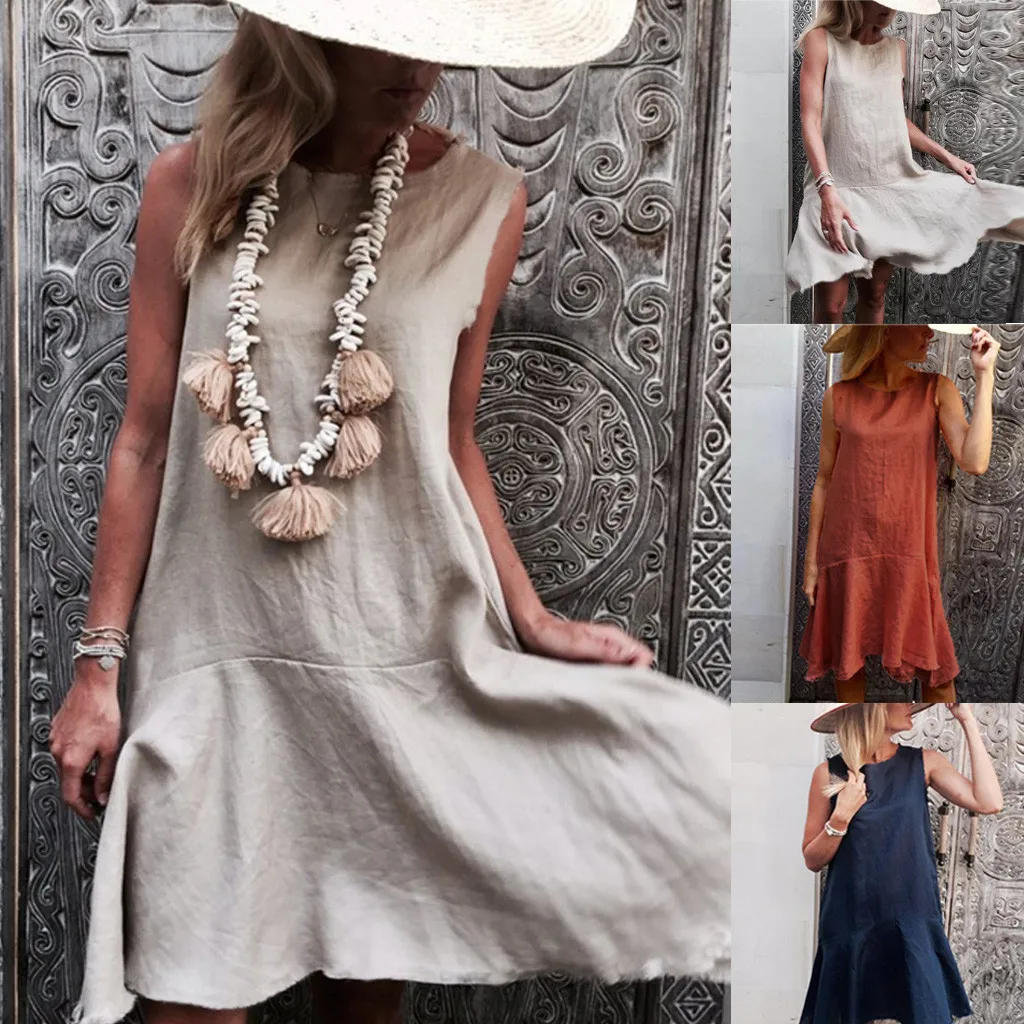 

feitong 2019 Fashion Cotton Linen Female dress Youth Casual Women Short Sleeve O Neck Loose Bohe Casual Swing Dress Vestidos@122