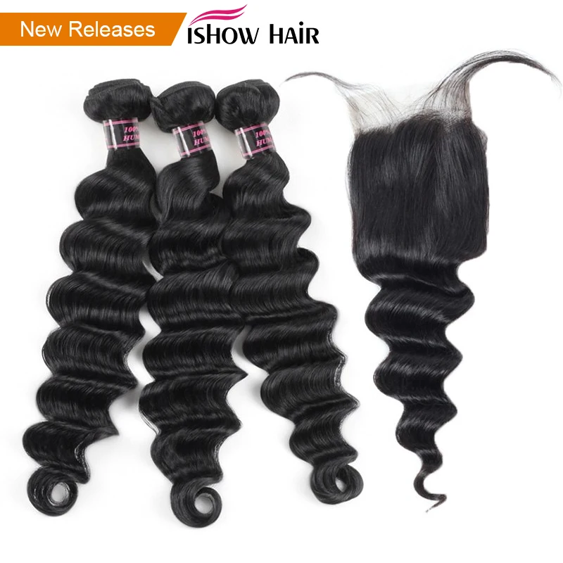 

Ishow Loose Deep Wave Bundles with Closure Brazilian Hair Weave Bundles with Closure Non Remy Human Hair Bundles with Closure