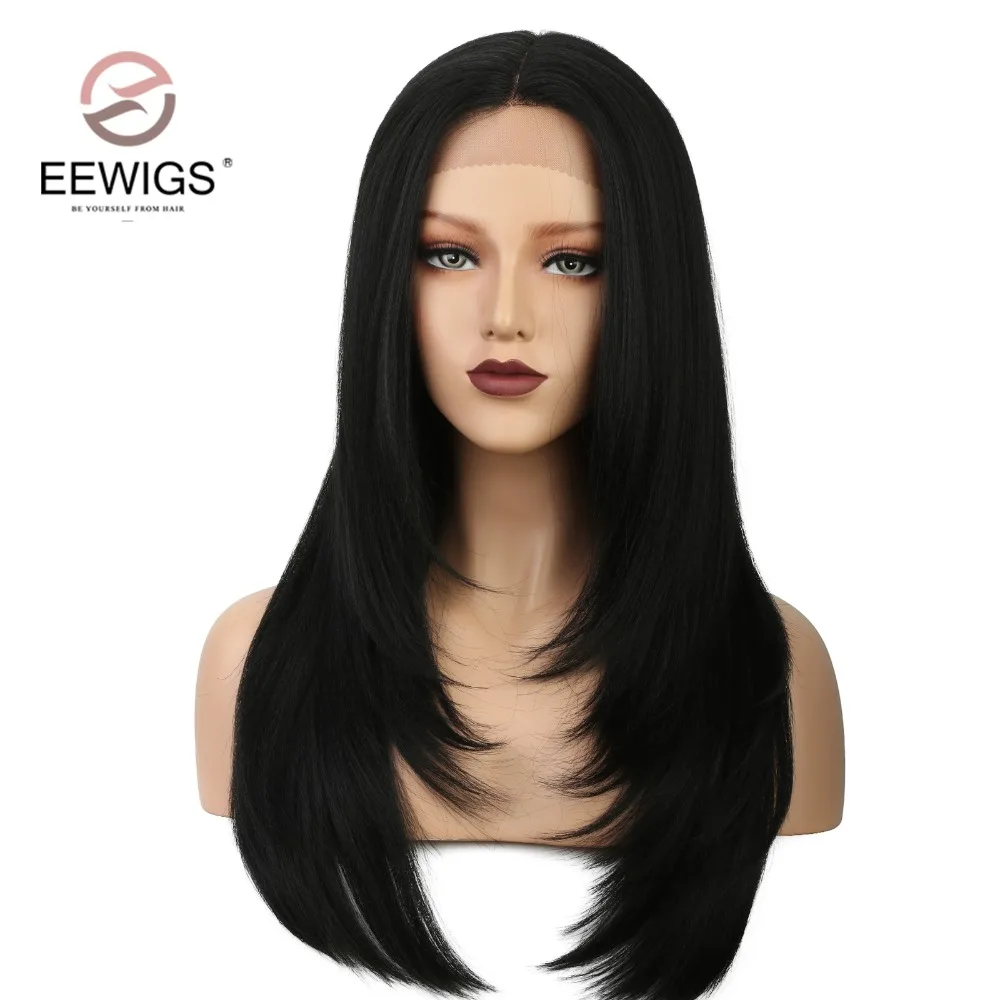 

EEWIGS Light Yaki Straight Black Wig 1B Color Long Heat Resistant Synthetic Lace Front Wig Fully Hair Middle Part Wigs For Women