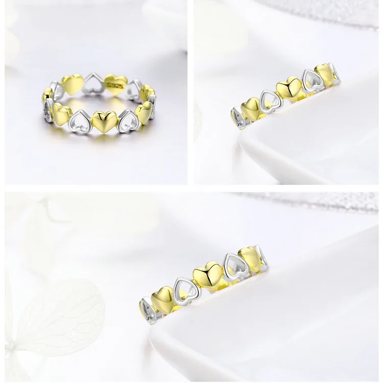 BAMOER, высокое качество, 925 пробы, серебряное штабелируемое Золотое сердце, выгравированное кольцо на палец для женщин, ювелирные изделия из стерлингового серебра SCR317