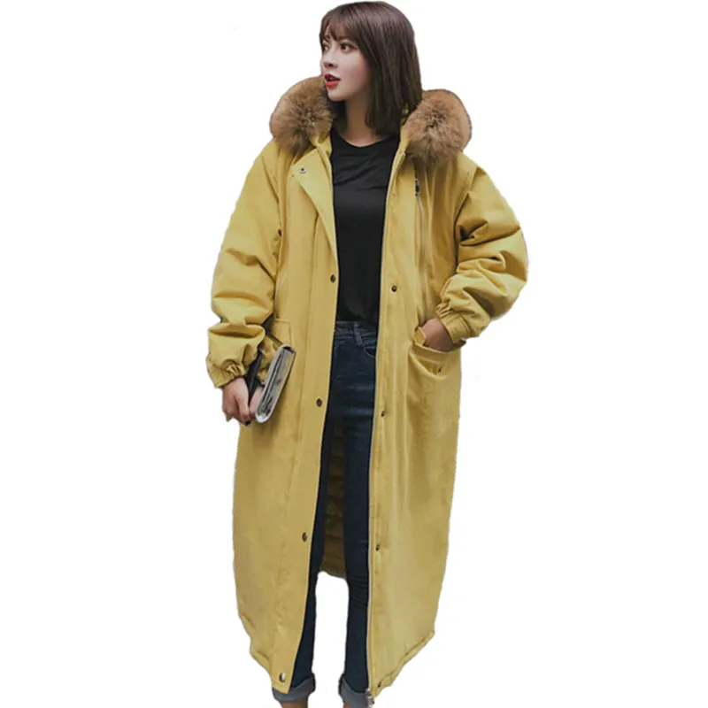Parkas de talla grande para mujer abrigo de algodón de cuello de piel largo de invierno grueso abrigo suelto con capucha de Safari chaqueta femenina de tela de algodón n155 - 1