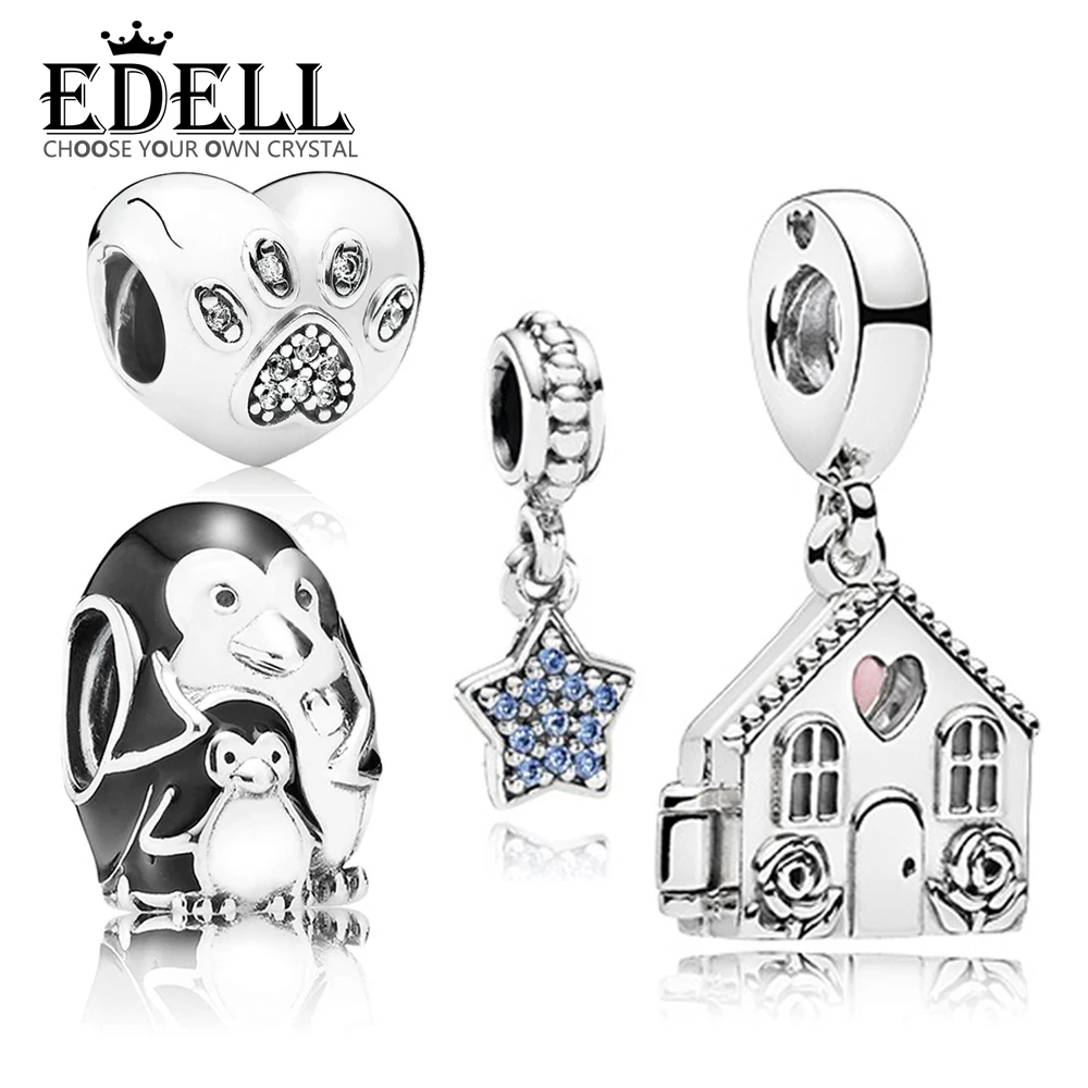 

EDELL 100% 925 Sterling Silver 1:1 Genuine Charm Penguin Family Beard Footprints and Stars House Beads Suitable DIY Bracelets