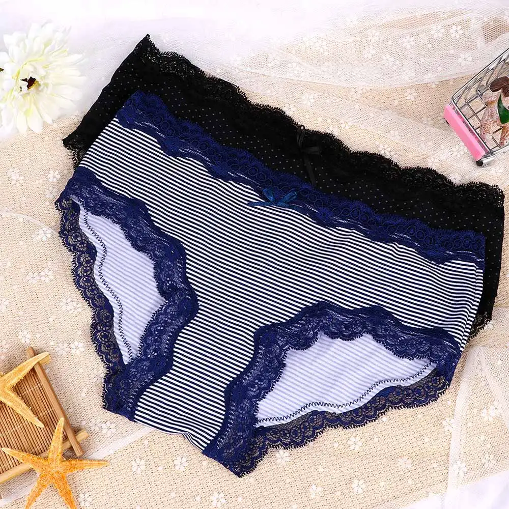 

1 Pieces Briefs Dot Lace Striped Lingerie Female Low Waist Cotton Black Pink New Soft High Quality Underwear Woman Panties