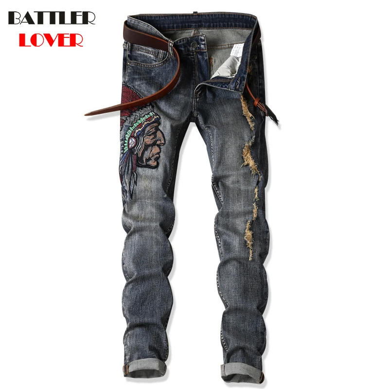 Indian Embroidery Jeans Men Pants Fear of God Trousers Denim Motorcycle Pant Elastic Biker Mens Masculina Hole Skinny Slim 2018