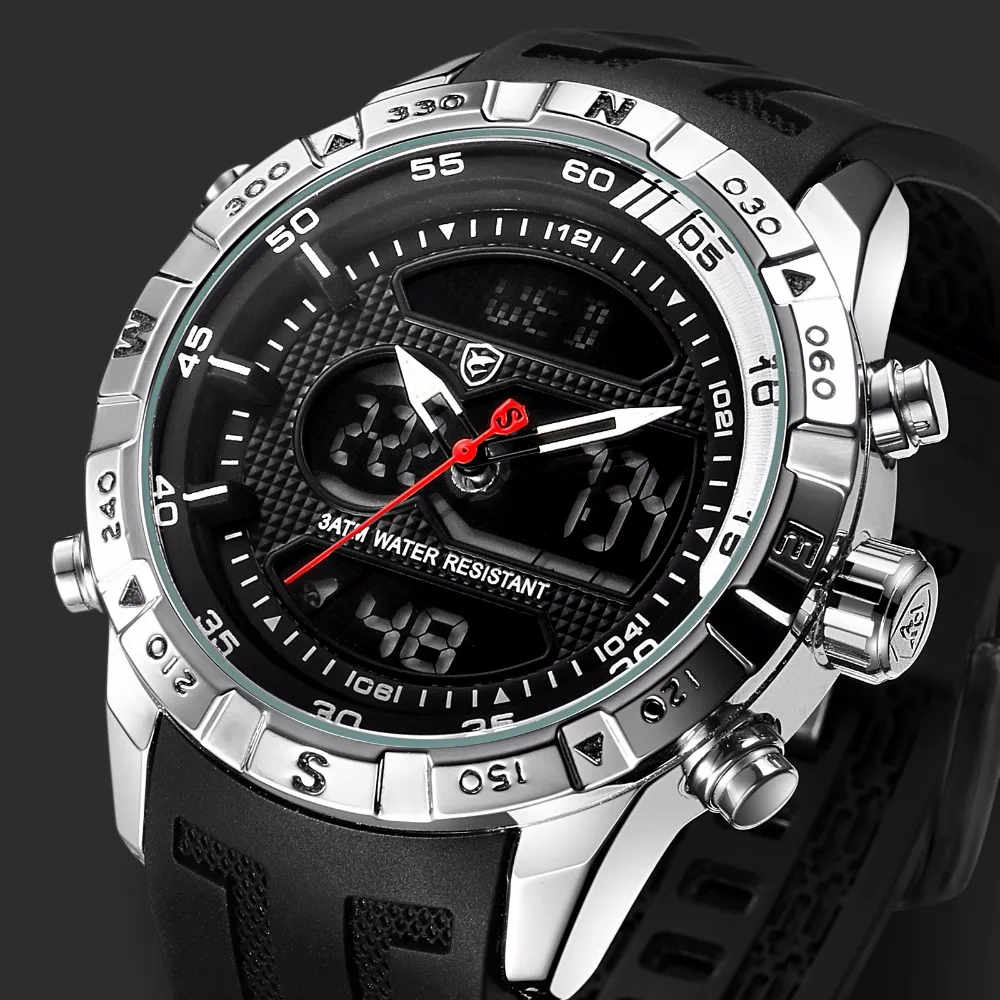 Hooktooth SHARK Sport Watch for Men Double Movement Chronograph Alarm LCD Male Clock 3ATM Water Resistant Black Stopwatch /SH596