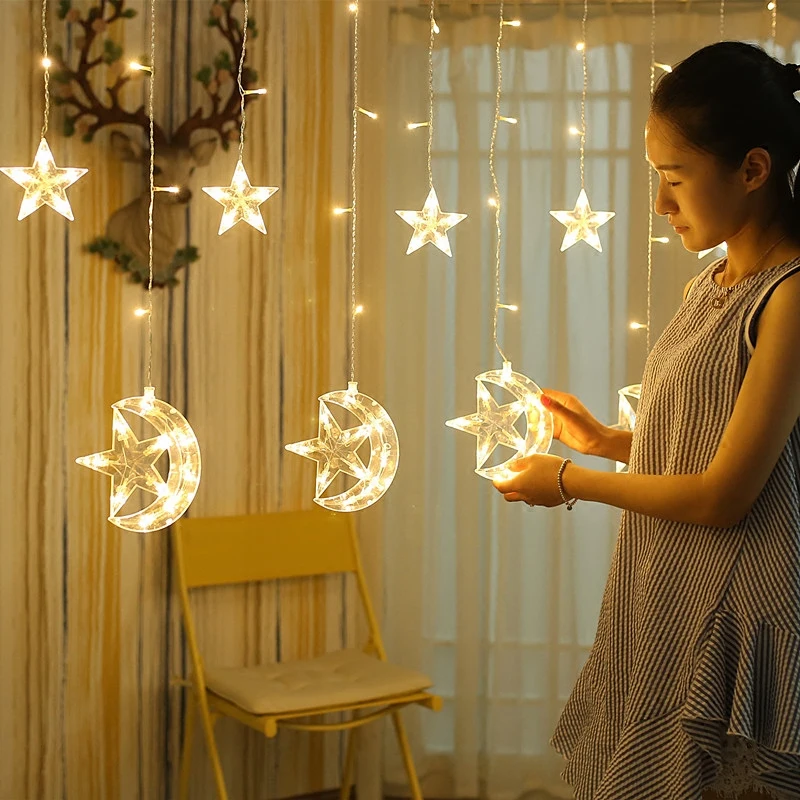 2 5m 138led Christmas Stars Moon Garland Curtain Background Lights Window Decoration String Fairy Lights Bedroom Ice Lamp