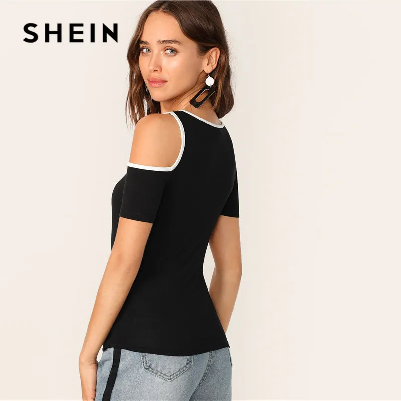 Черная Спортивная футболка SHEIN с вырезами летняя повседневная облегающая
