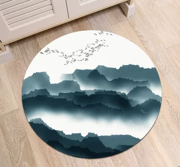 

Indoor Round Living Room Cushion Bedroom Floor Area Rugs Bathroom Non-Slip Carpets Home Door Mat Ink And Wash Landscape Mountain