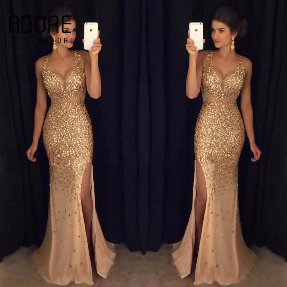 2017 Elie Saab Gold Y Mermaid Evening Dresses Scoop Side Split 2017 Elie Saab Gold Y Mermaid Evening Dresses Scoop Side Split Beading Deep V Lace Liques Arabic Formal Celebrity Gowns In From