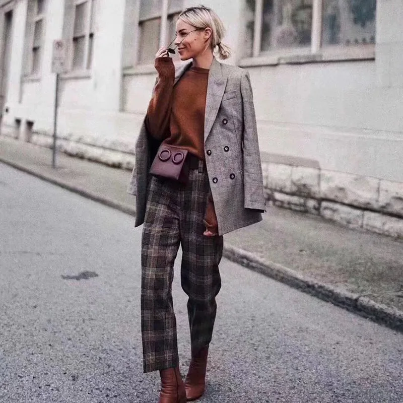 

2019 New Blogger and Wool Blended Retro-styled Double-colored Trousers with High Waist and Wide Leg Plaid Pants Women