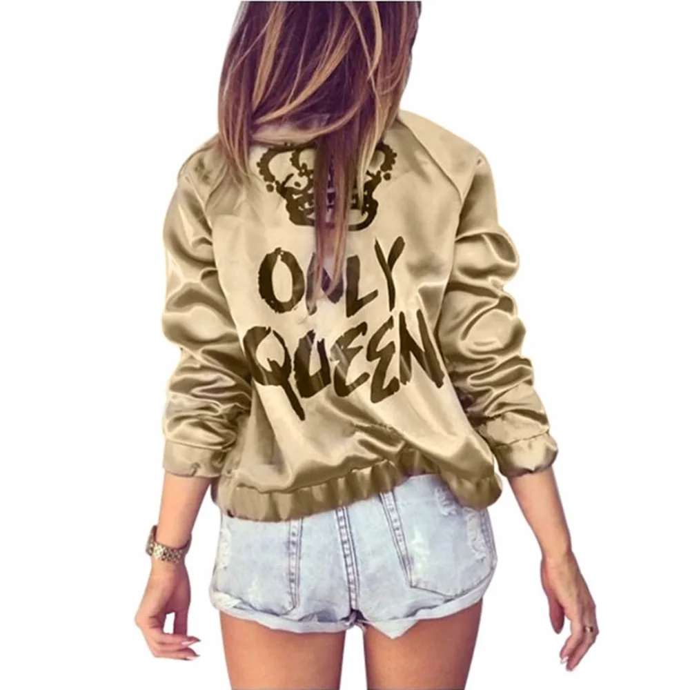 

Autumn Women Bomber jacket Women Coat Crown Queen Print Long Sleeve Zipper Top Coat Biker Casual Short Outwear