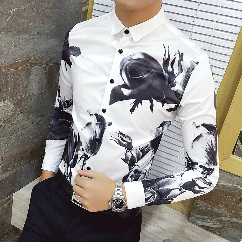 Черно-белая рубашка с принтом 2019 новый тонкий вечерние клубная рубашка модная Изысканная мужская деловая Повседневная футболка с длинными